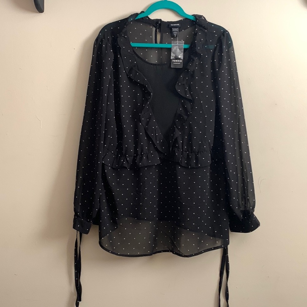 Black white polka dot ruffle blouse
